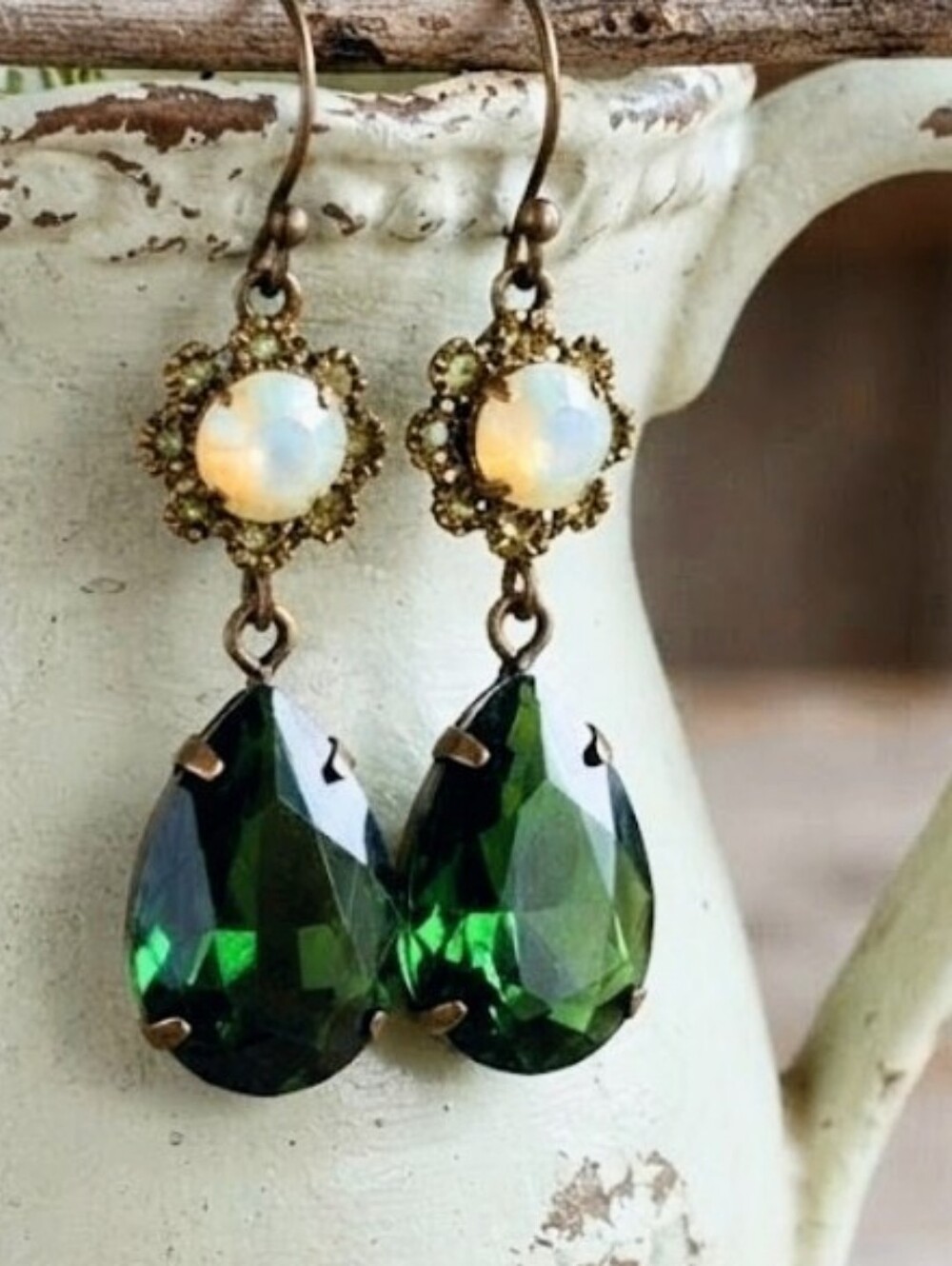 Victorian Christmas Pine Green & Flower Swarovski Elements Brass Earrings